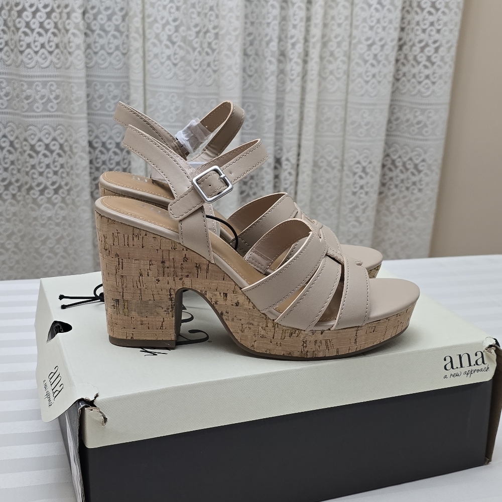 New Ana Cork Platform Block Heel Sandals Nude 9.5 Ankle Buckle Strap Boho Shoes - Picture 9 of 13